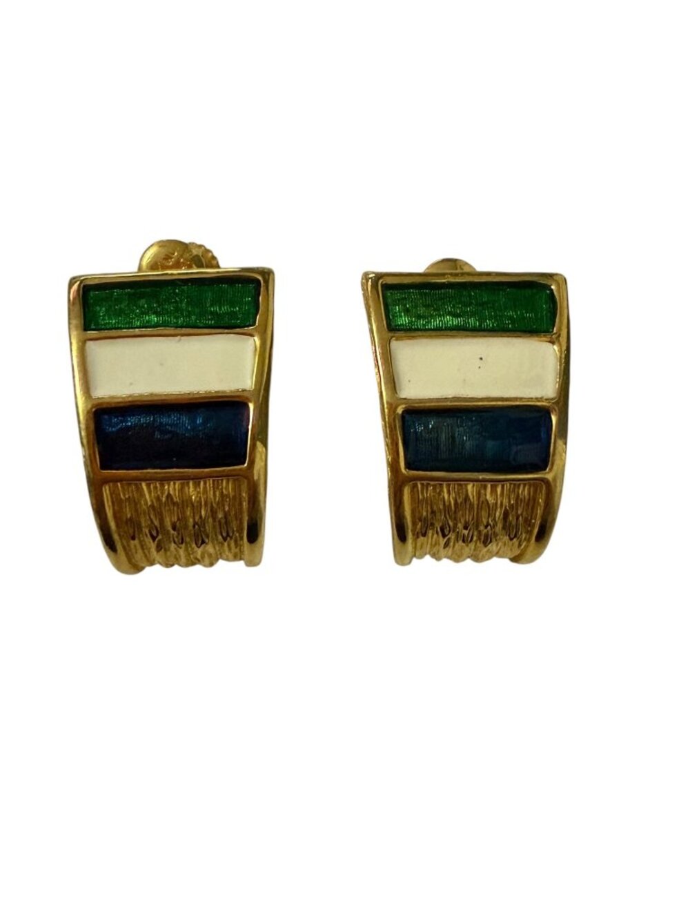 Vintage 1980s Enamel J Hoop Clip On Earrings Green Ivory Navy Gold Tone 1"